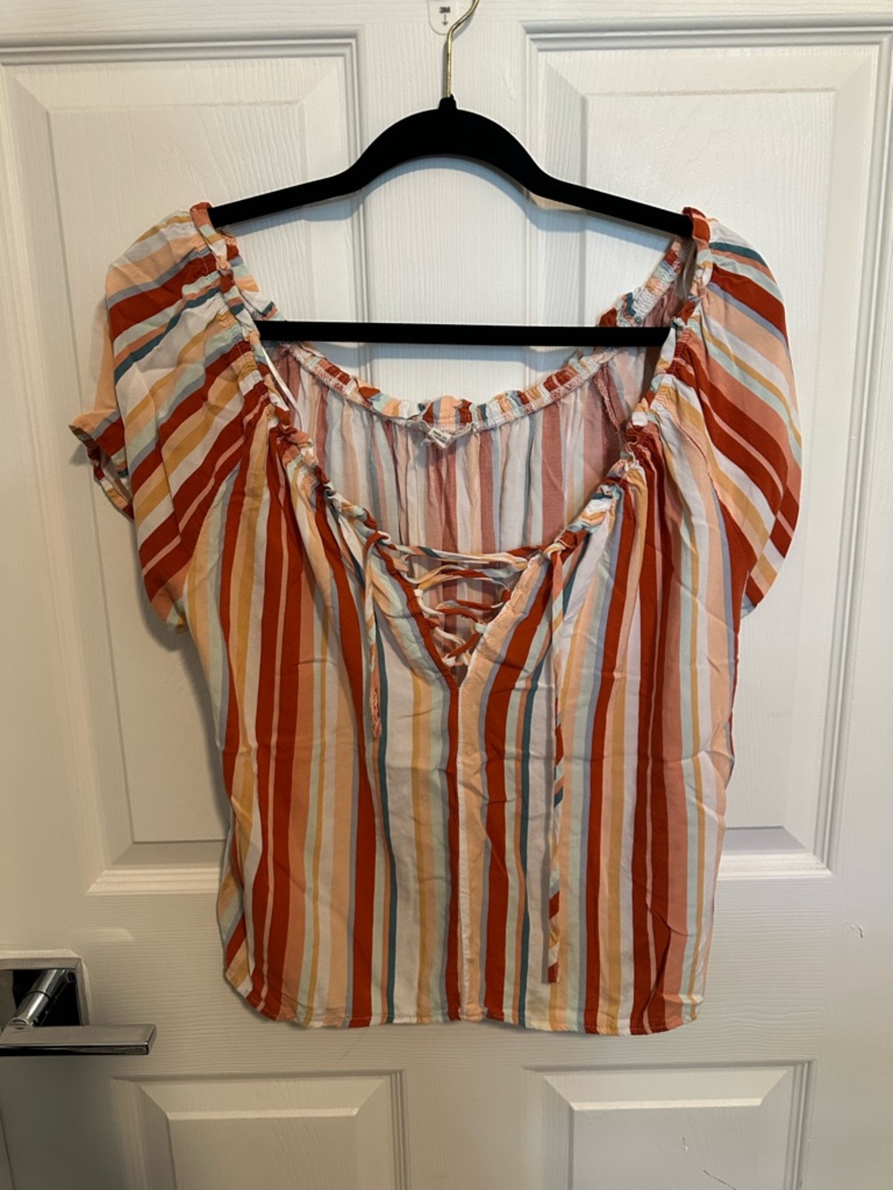 Pink Republic Striped Lace-Up Off-Shoulder Top in Rust, Cream & Light Blue